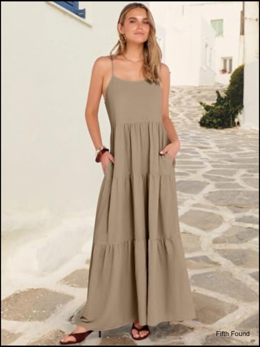 Sleeveless Spaghetti Strap Flowy Tiered Maxi Dress Summer Casual Sundress - Picture 6 of 7
